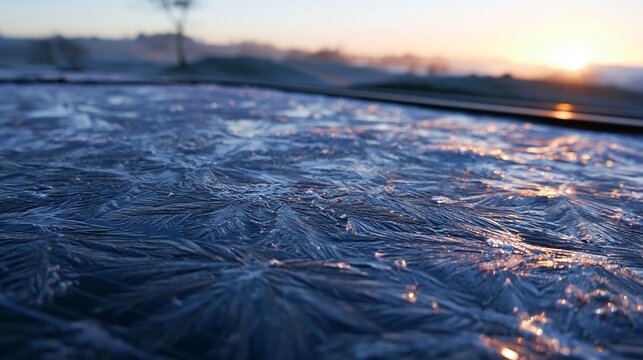 Macroinspired medium shot showcasing detailed ice patterns on solar panel with a faint silhouette of nearby ridges at dawn emphasizing cool tones and textured clarity