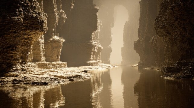 Tall, weathered rock formations flank a calm waterway leading toward bright, ethereal light.
