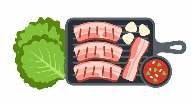 Grilling fresh meat and vegetables with dipping sauce on a grill