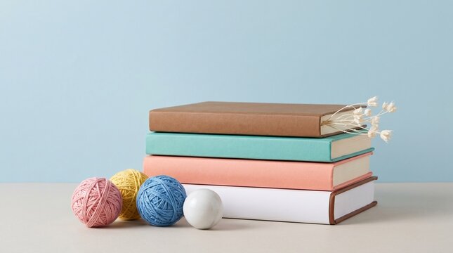 Minimalist stack of books in pastel colors, colorful hardcover journals with yarn balls, creative hobby and education concept on blue background