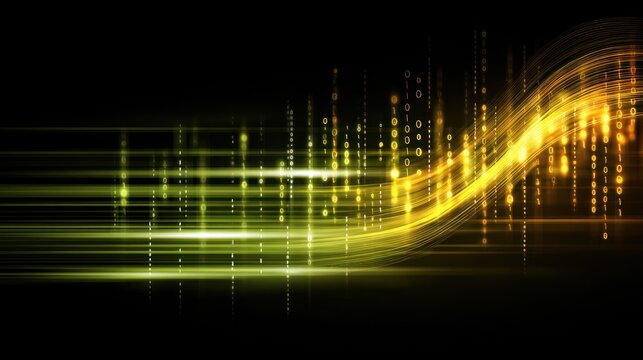 Abstract data stream with glowing lines and binary code