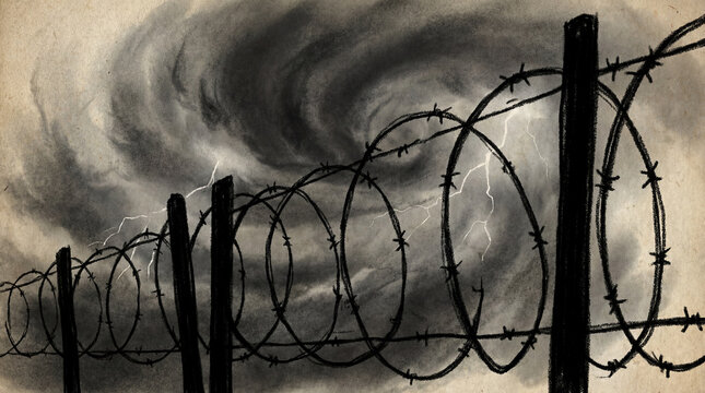 Charcoal drawing of barbed wire fence against a stormy lightning sky