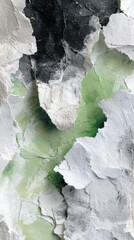 Fototapeta premium Abstract torn paper collage with layered green watercolor and black grunge textures for distressed wallpaper and poster design