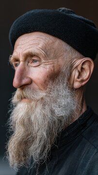 A portrait of an elderly man with a long grey beard and a pensive gaze provides a fitting backdrop for themes of old age, experience and spirituality.