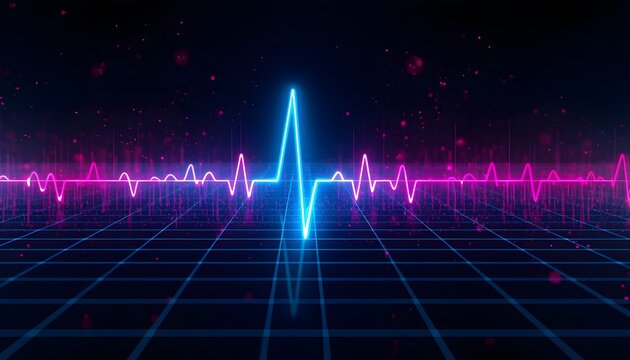 Glowing neon heartbeat waveform across dark digital grid