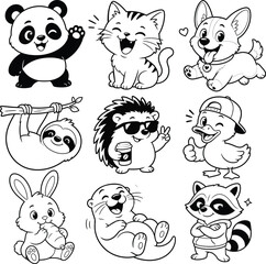 Fototapeta premium Cute Cartoon Animal Character Set with Cat, Dog, Lion, Tiger, Rabbit, Sheep, and Bear Faces Vector Illustration