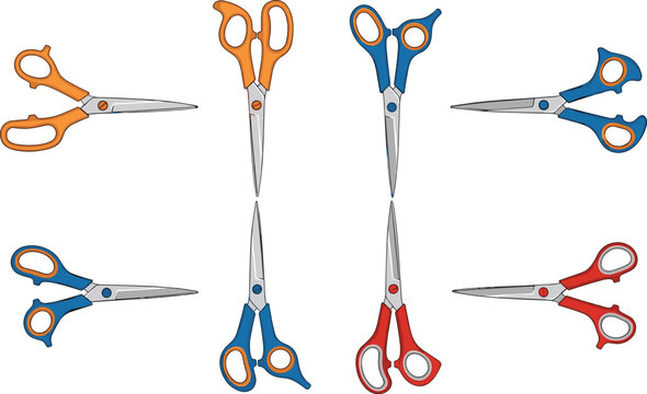 Tailor scissors vector illustration set with colorful handles open and closed barber shears isolated on white background