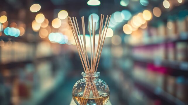 Clear glass diffuser bottle with reed sticks and oil inside