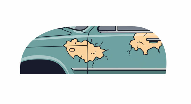 Faded teal vintage car with significant damage, revealing inner structure
