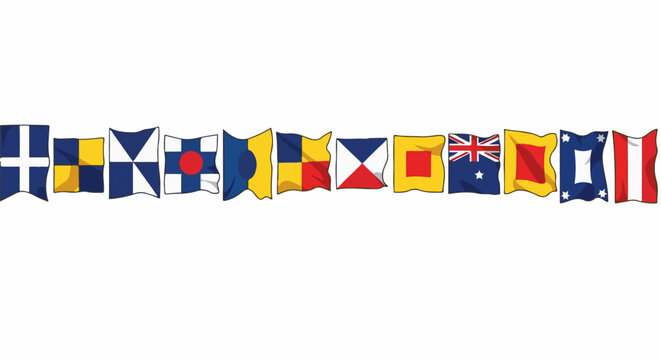 Diverse maritime signal flags displayed horizontally against a white backdrop