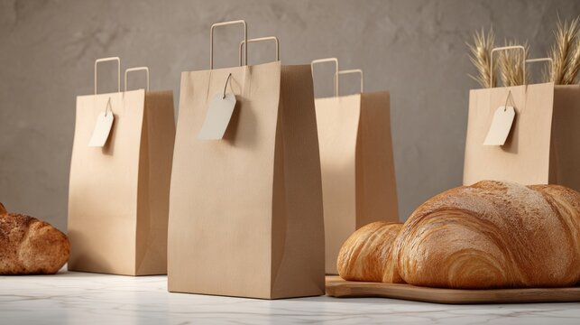 Local bakery preorder shelf with paper bags and fresh bread