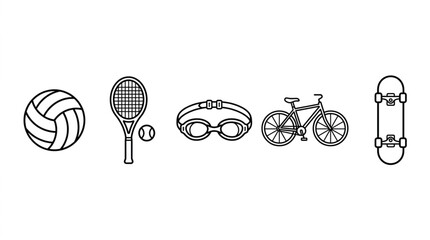 Summer sports icon pack, volleyball, tennis racket, swimming goggles, bicycle, skateboard, line art vector, isolated   © Natasa Akter 