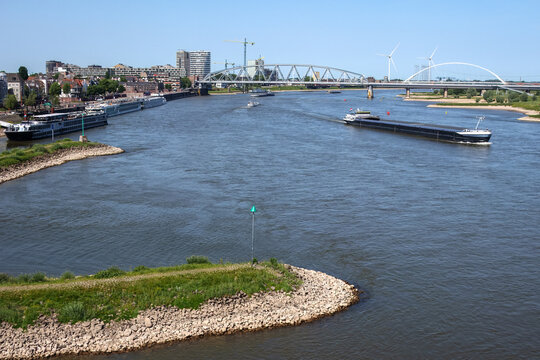 Barges and Riverboats on Waal River, Nijmegen, Netherlands