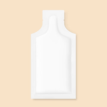 Sachet bag mockup for energy gels, sport nutrition, cosmetics. Vector illustration on colour background. Flat lay view. Can be use for template your design, presentation, promo, ad. EPS10.
