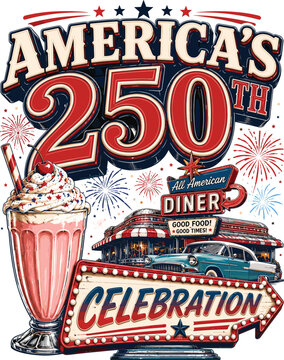 America&rsquo;s 250th Celebration Retro Diner Design | America 250 Anniversary Vintage Americana Artwork

