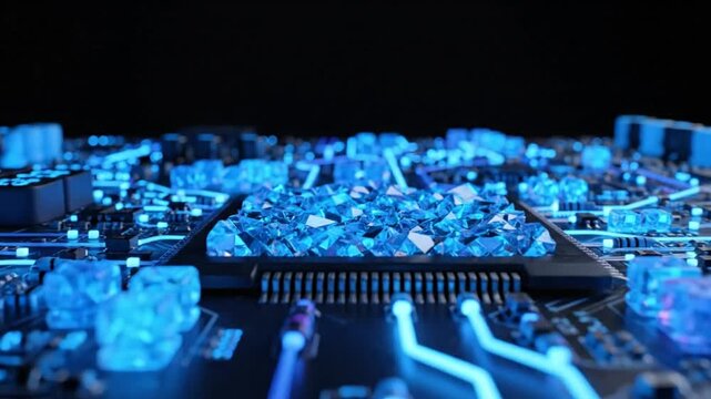 Futuristic circuit board with blue glowing digital pathways and crystalline components illustrating data flow