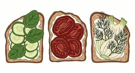 Naklejka premium Three toast slices with creamy spread, topped with cucumber, tomato, and dill