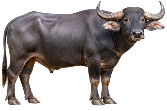 Water buffalo isolated on transparent background, full body dark bovine with curved horns for farm design