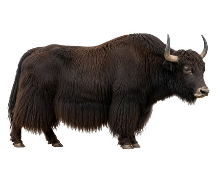 Dark yak isolated on transparent background, full body horned mountain cattle with long black coat