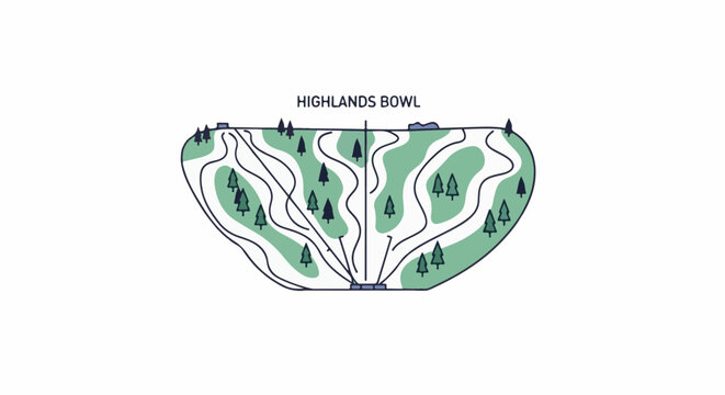 A stylized map depicts a ski resort with tree-lined slopes and winding trails