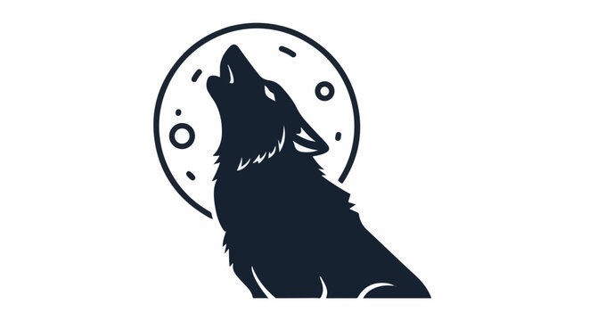 Silhouette of a wolf howling at a stylized moon with craters