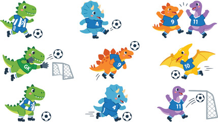 Fototapeta premium A collection of cartoon dinosaurs playing football, showcasing dino soccer skills and teamwork in a fun, colorful