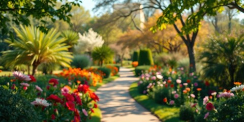 Fototapeta premium Serene Garden Path with Blooming Flowers and Lush Greenery