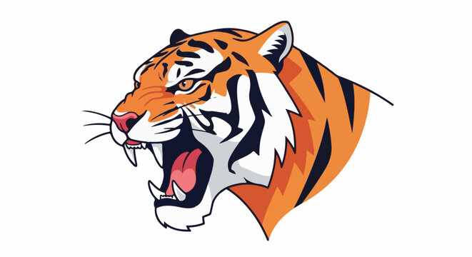 Roaring tiger head with black stripes and sharp teeth, orange and white fur