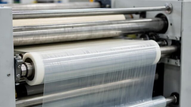 Medium shot of a laminator curing a clear barrier film using a solventless adhesive showcasing ecofriendly finishing with sleek transparent protective layer application