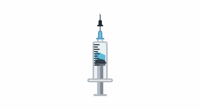 Medical syringe filled with blue liquid, white background