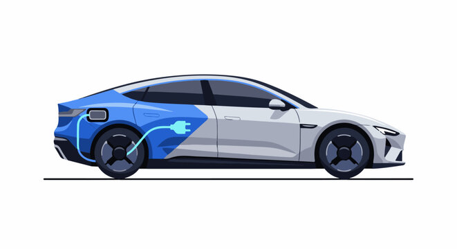 Modern electric car is charging with blue charging cable and plug symbol