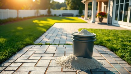 Naklejka premium A bucket of light-colored aggregate sits on a newly laid brick patio next to a lush green lawn in the warm afternoon sun.