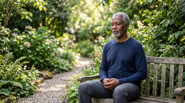Senior man meditating on a garden bench for mindfulness relaxation and wellness background for retirement calm scenes