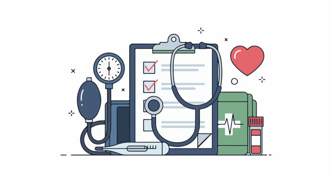 Medical checkup tools thermometer, stethoscope, bp monitor, and heart