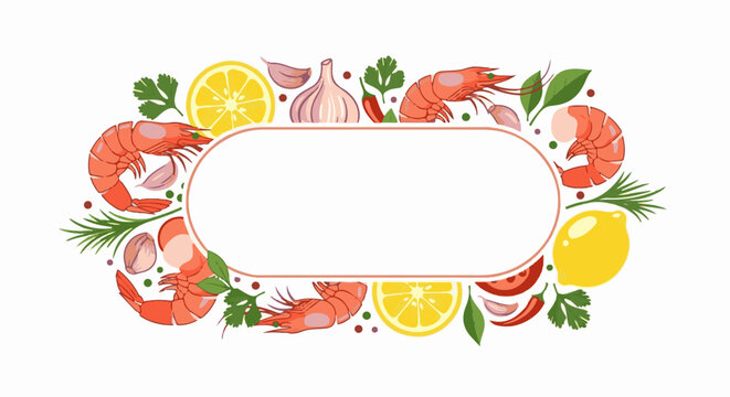 Festive frame of shrimp, lemons, garlic, and herbs for culinary use