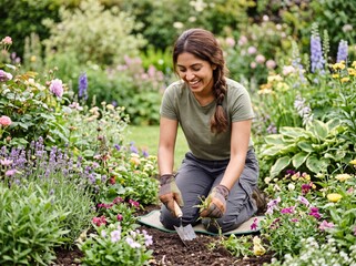 Fototapeta premium Smiling woman gardener kneeling and planting in a flower garden for gardening background and lifestyle banner design