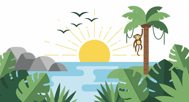 Tropical sunrise with a monkey hanging on a palm tree
