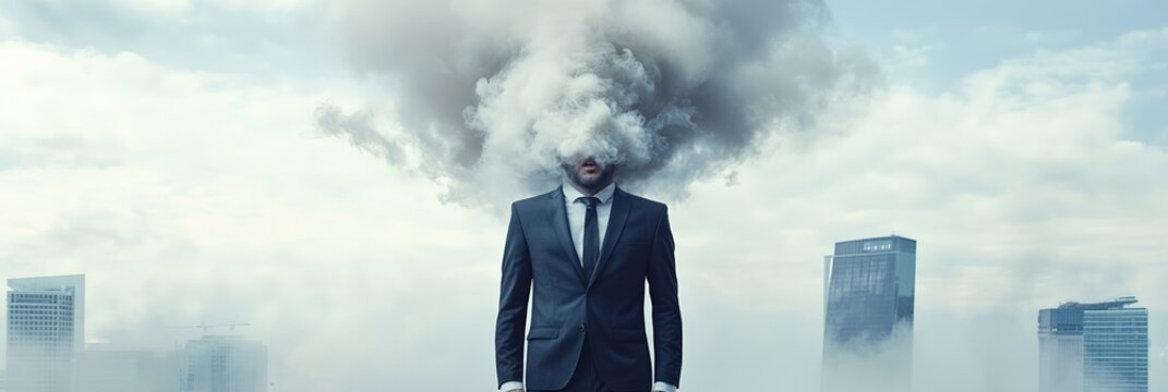 Businessman in suit standing in front of cityscape with head exploding into a cloud of smoke, representing stress, burnout, and information overload in modern business life