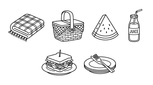 Summer picnic icon pack, picnic basket, watermelon slice, juice bottle, sandwich, blanket, line art, black outline, white background


