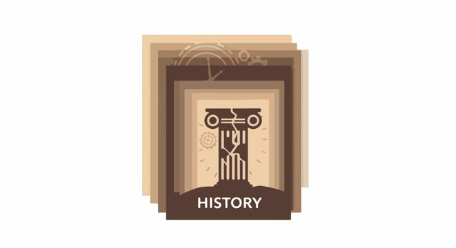 Layered illustration depicts a cracked pillar and gears, symbolizing history