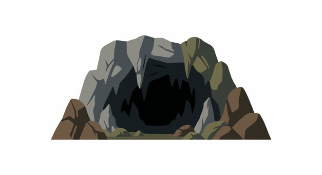 Jagged rocky cave entrance with dark interior and scattered boulders