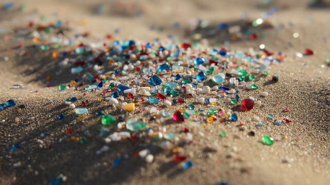 Colorful pieces of plastic debris scattered on sandy ground, highlighting the impact of pollution on natural landscapes.