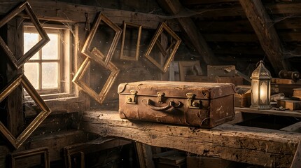 Fototapeta premium Vintage suitcase rests on a dusty wooden workbench inside a dim attic space.