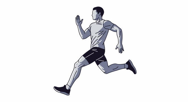 Monochrome illustration of a male athlete in mid-stride, running forward