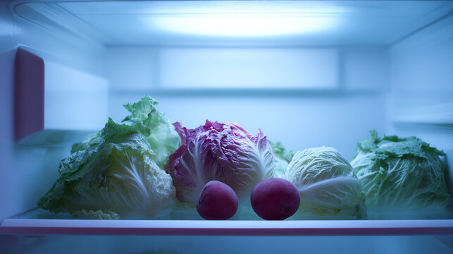 Fresh vegetables in a fridge, featuring vibrant lettuce and potatoes, ideal for healthy meal preparation.