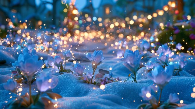 glowing crystal flowers poking through snow. soft ethereal lighting. heavy bokeh. fairytale aesthetic with sparkling dust