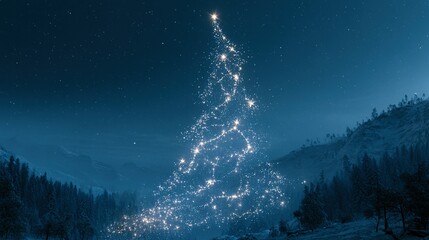 Obraz premium Celestial Christmas tree formed by constellation of stars in deep blue winter night sky. overlooking snowy mountain forest