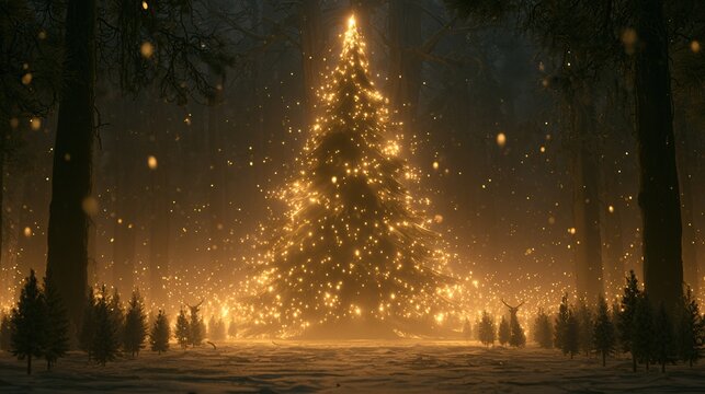 oversized Christmas tree in forest of tiny trees. creating sense of wonder. glowing with thousand tiny fireflies. low key lighting moody atmosphere