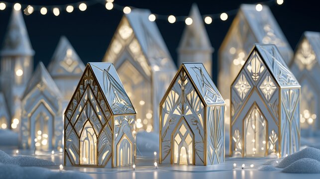 Art-deco inspired winter village. Elegant geometric houses with gold leaf accents. glowing white fairy lights. atmospheric environmental landscape style