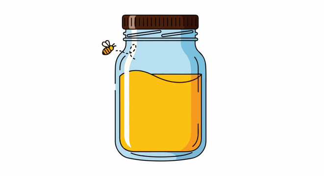 Adorable bee buzzing around a jar of golden honey